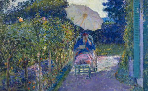 painting of woman seated in garden
